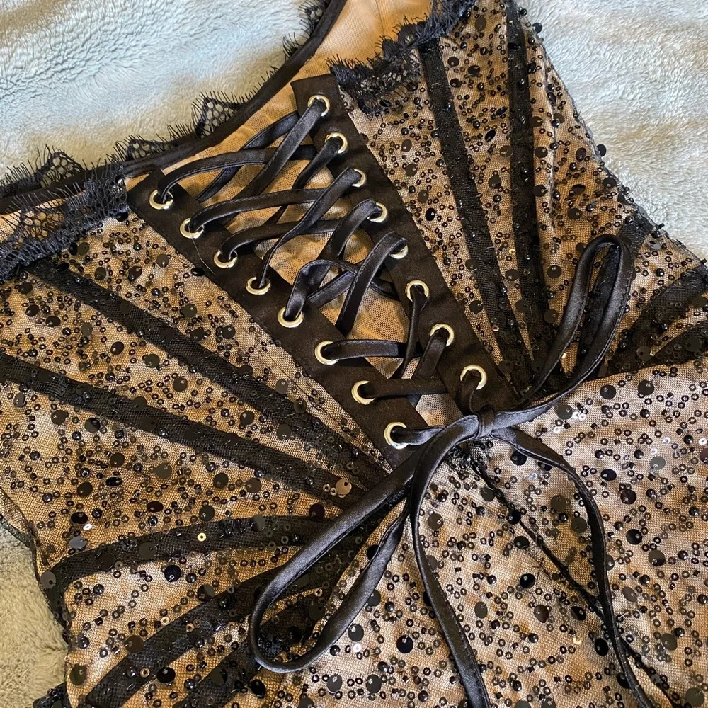 Heiress Black Sequin Corset Draped Mini Dress size small - Picture 9 of 10